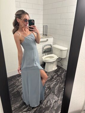 David's Bridal Dusty Blue Spaghetti-Strap Maxi Dress